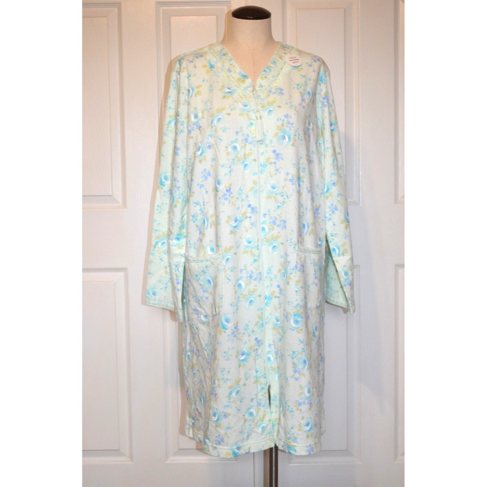 MISS ELAINE Blue Floral Front Zip Lounge Robe Womens Large Long‎ Sleeve NEW